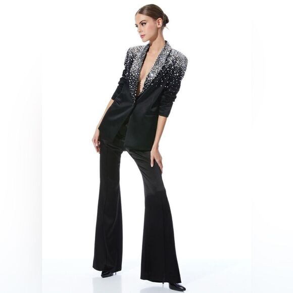 ALICE + OLIVIA Ivan Crystal Pearl Embellished Satin Blazer Black - Picture 2 of 10